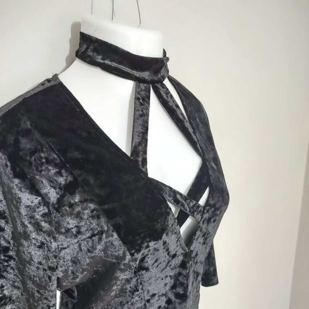 Vintage K+Glam 90s Y2K Black Crushed Velvet Goth Dress 1X - Picture 5 of 13